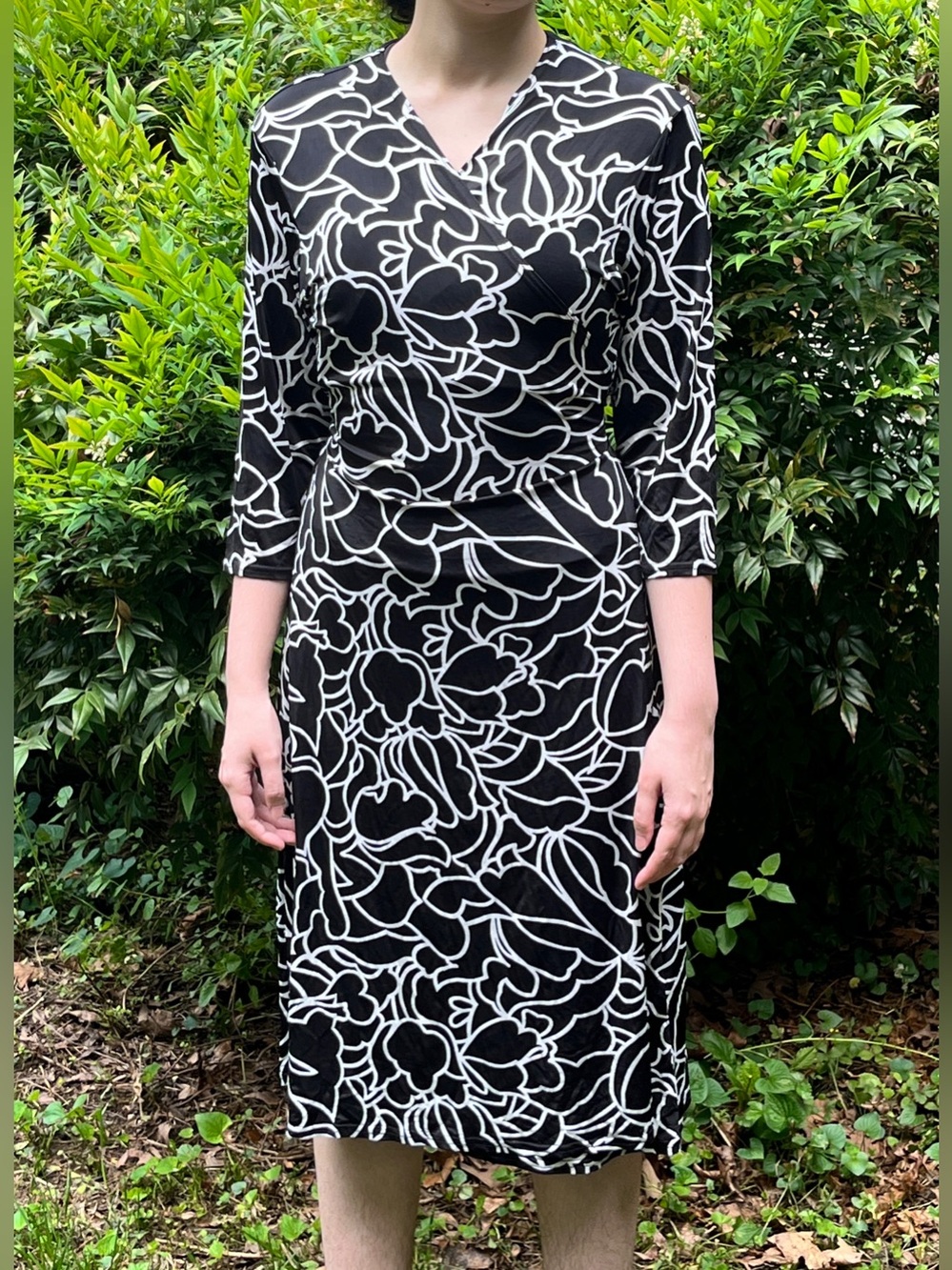 Blue Banana Squiggle Print Floral 3/4 Sleeve Wrap Dress